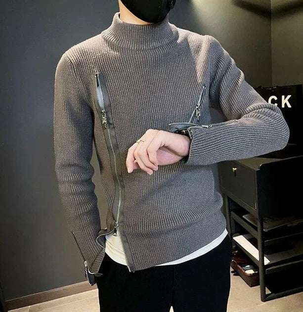 Motorcycle Men s Clothing Turtleneck Pullovers Zipper Knit Sweater Male High