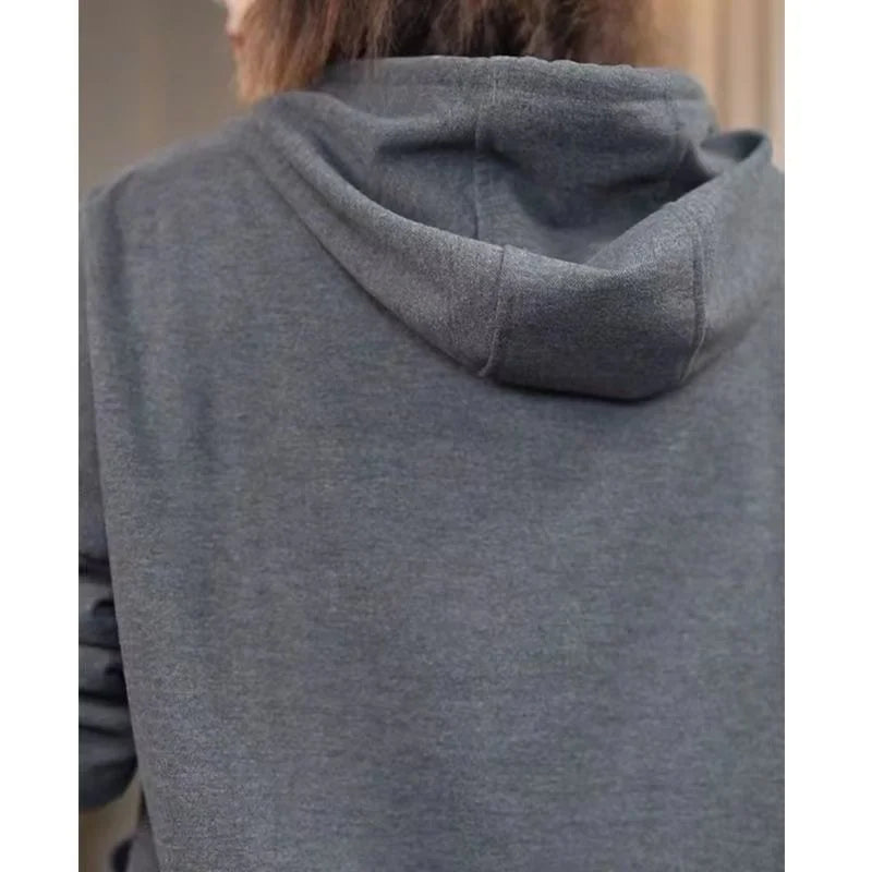 Large Pocket Meat covering Hooded Sweatshirt Women s Spring and Autumn Style Loose Hips Wear Tops