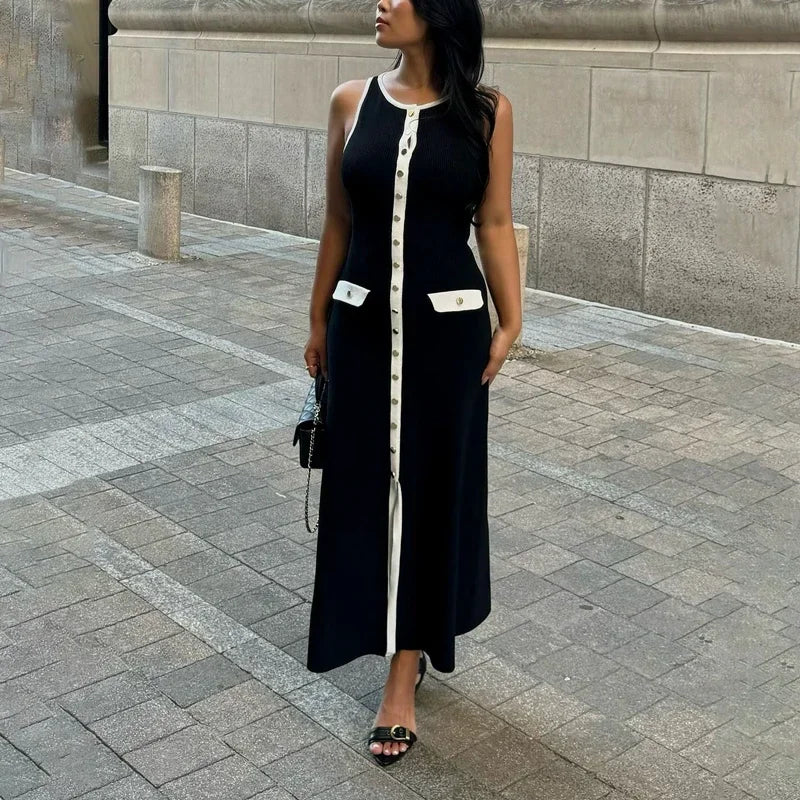 Elegante mouwloze enkelrijs geribbelde truien lange jurk voor dames hoog