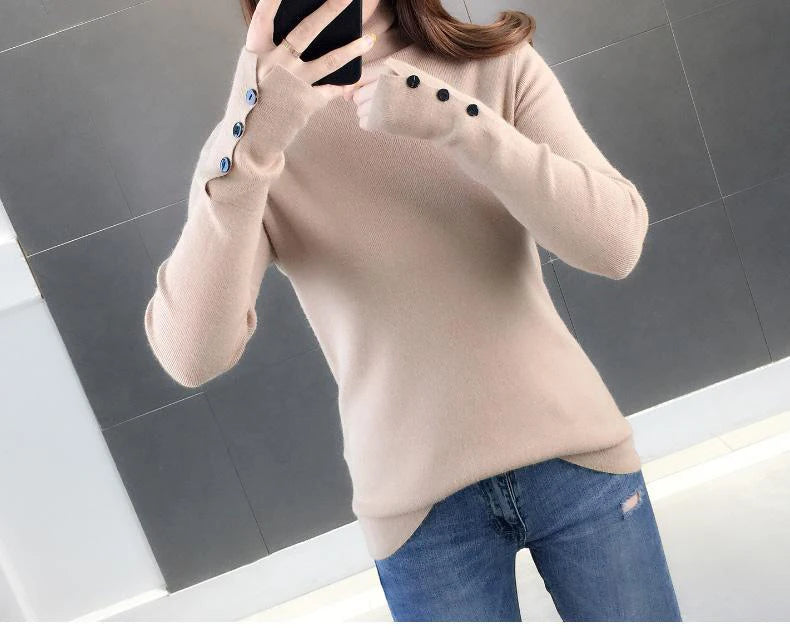 Heliar Dames Turtleneck Knopen Effen Warme Trui Lange Mouw Gebreid Basic