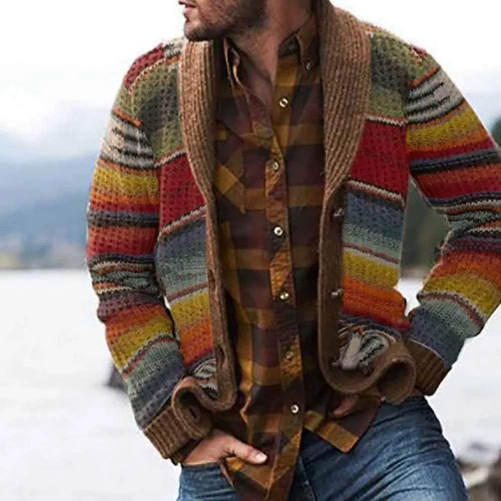 Men's Sweater Jacket Lapel Color-blocked Knitted Cardigan Sweater