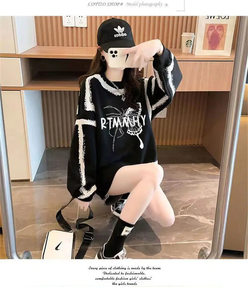 Dameskleding Koreaanse vlinderprint streetwear Y2K sweatshirt casual oversized tuniek hoodie O
