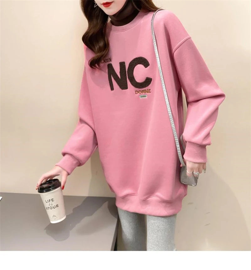 Autumn Winter High Collar Long Sleeve Fleece Thick Oversize Streetwear Female Sweatshirt Fake 2