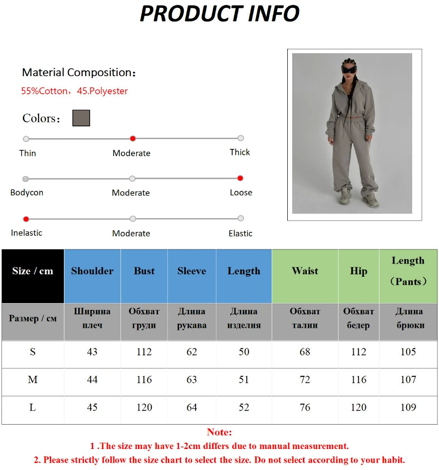 Bornladies Dames Cropped Hoodie Sweatpants Set Losse Trekkoord Taille Ritssluiting