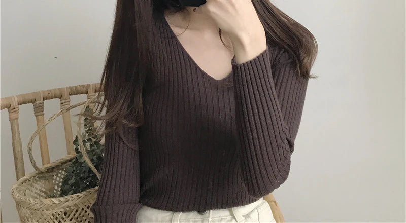 Heliar Dames V-hals Slim Sexy Trui Gebreid Lange Mouw Effen Onderkant Trui