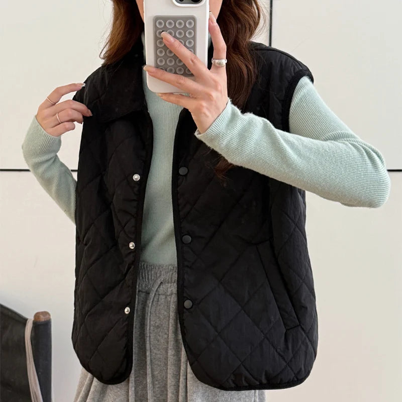 Koreaanse zakken mouwloos warm vest dames herfst winter omslagkraag