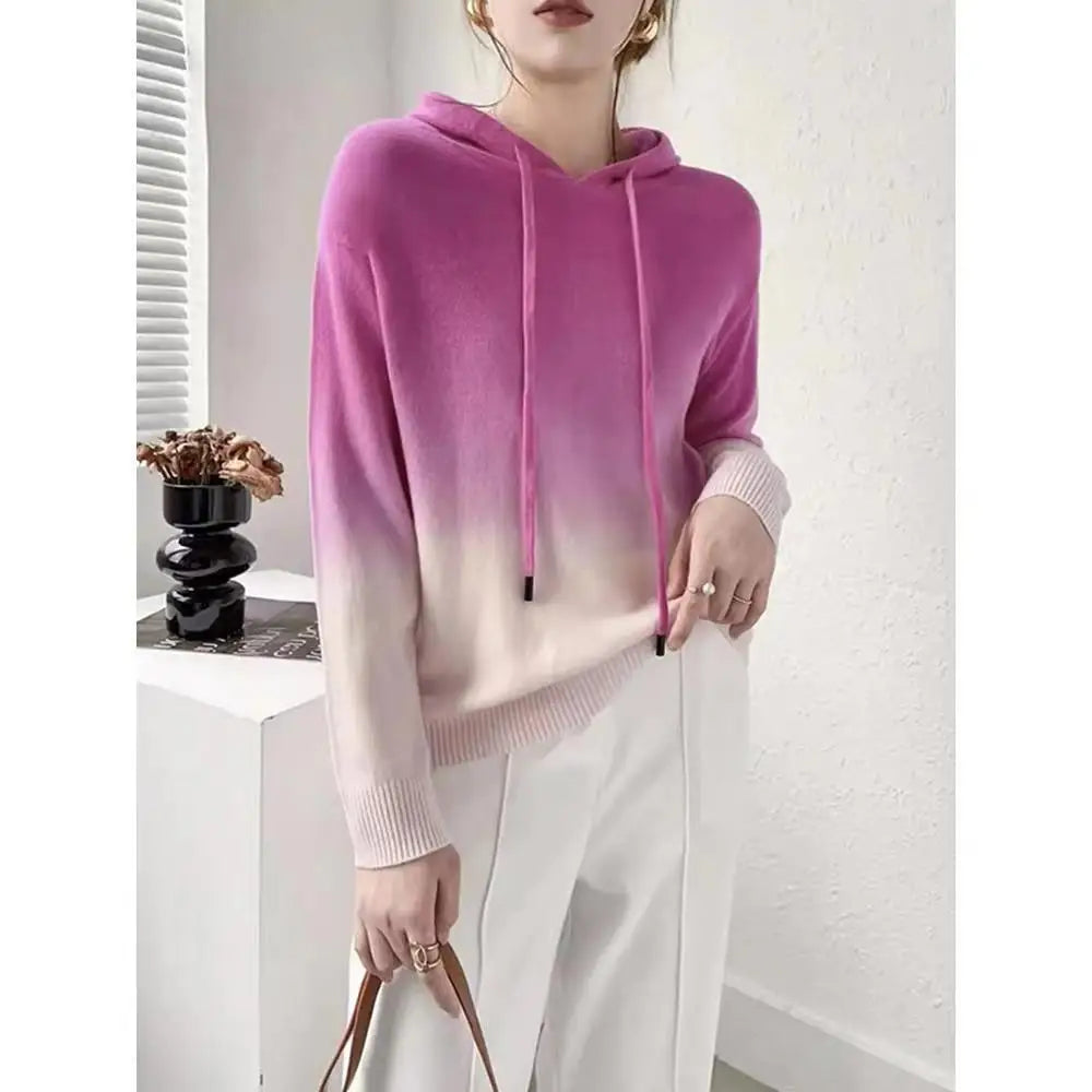 Весна-осень, женская одежда, длинный рукав, свитер с капюшоном, градиентный контраст