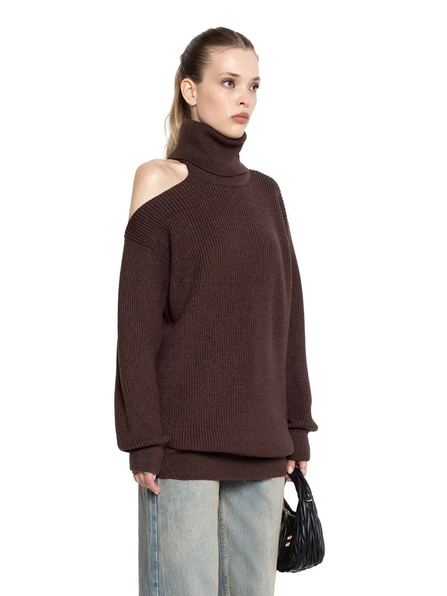 Bornladies Dames coltrui met uitgesneden schouders, lange mouwen en geribbelde breisels