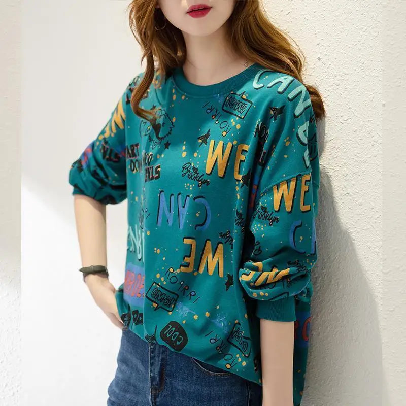 Classic Fashion Printing Letter Sweatshirts Women Long Sleeve Loose O collar Slim Casual All match