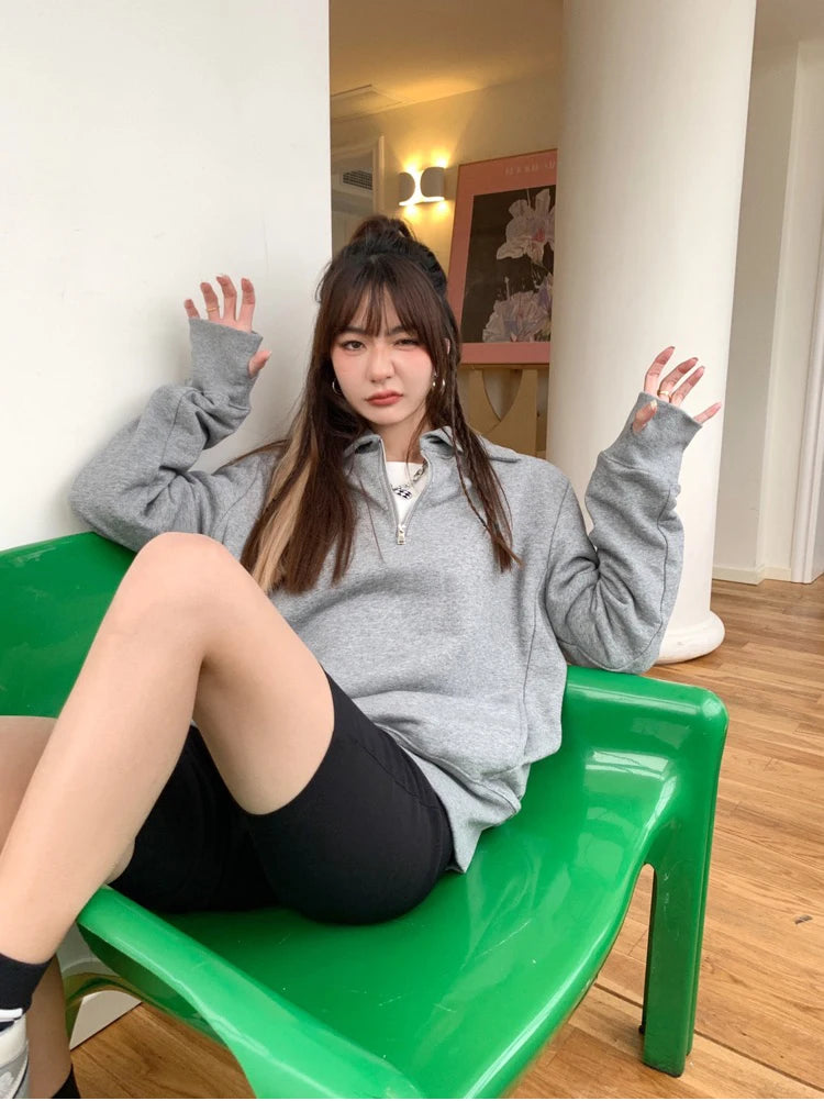 Herfst Winter BM Collar Polo Hoodie met rits voor dames met dikke fluweel en losse capuchon