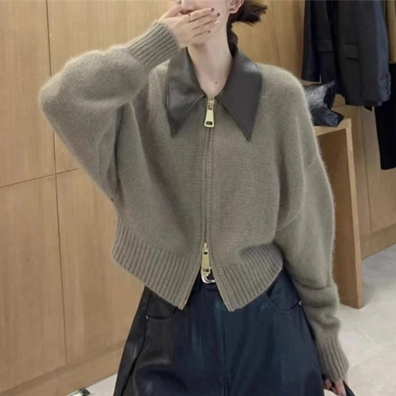 Dubbele ritsen gebreide cardigan dames chique patchwork korte trui tops vrouw