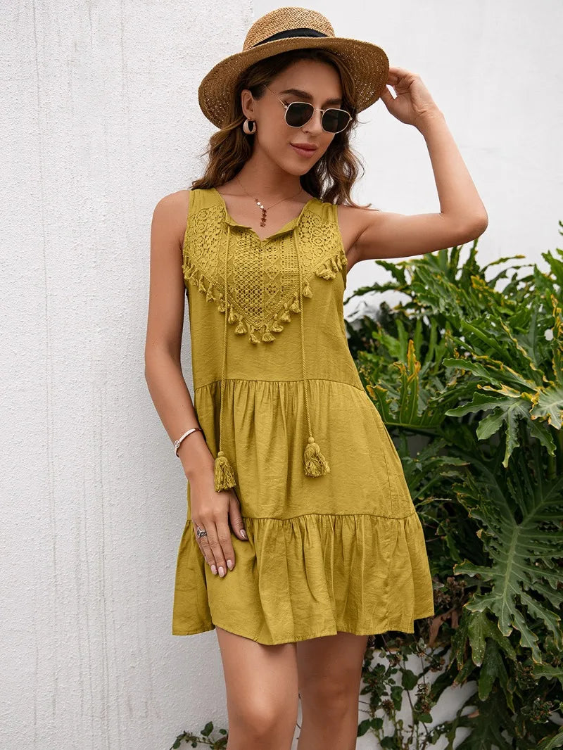 Casual dames zomer kwastjes kant hoge taille mouwloze korte mini-jurk vestido