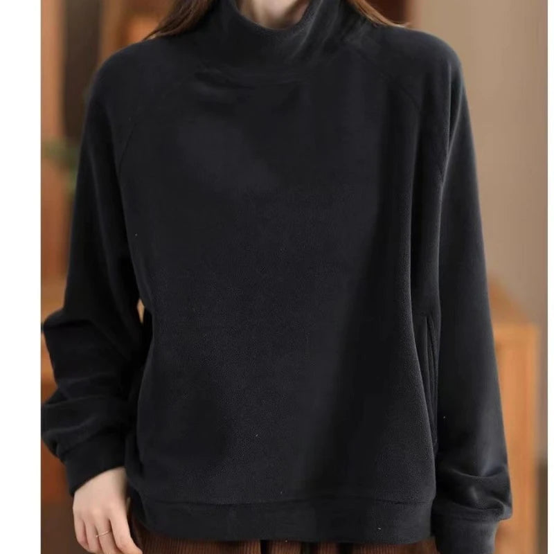 Herfst Winter Mode Hoge Kraag Lange Mouw Effen Jassen Sweatshirt Dameskleding Koreaans Los