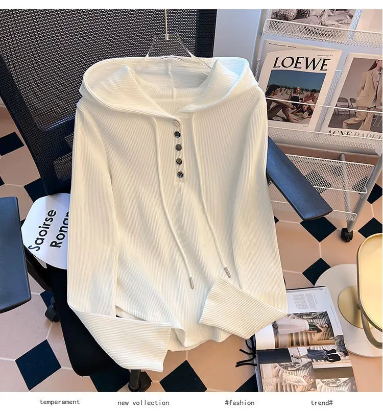 Uniek geknoopt T-shirt met capuchon voor dames, lente/herfst, onregelmatige korte mouwen, lange mouwen, basislaag