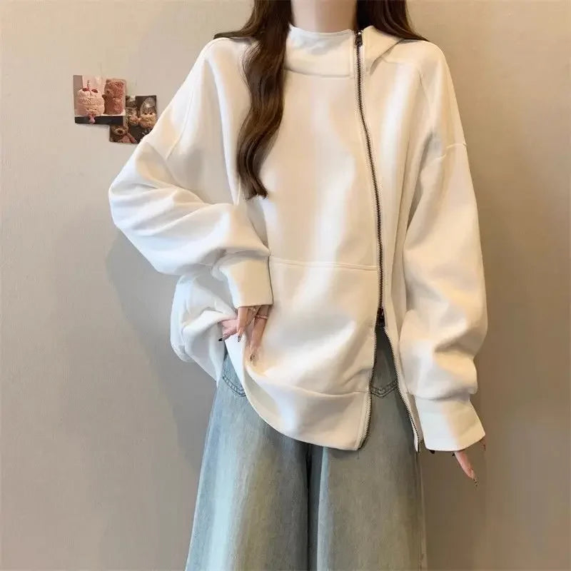Plus Size Women Belly covering Hooded Diagonal Zipper Long sleeved Sweatshirt for Fat Girls Loose