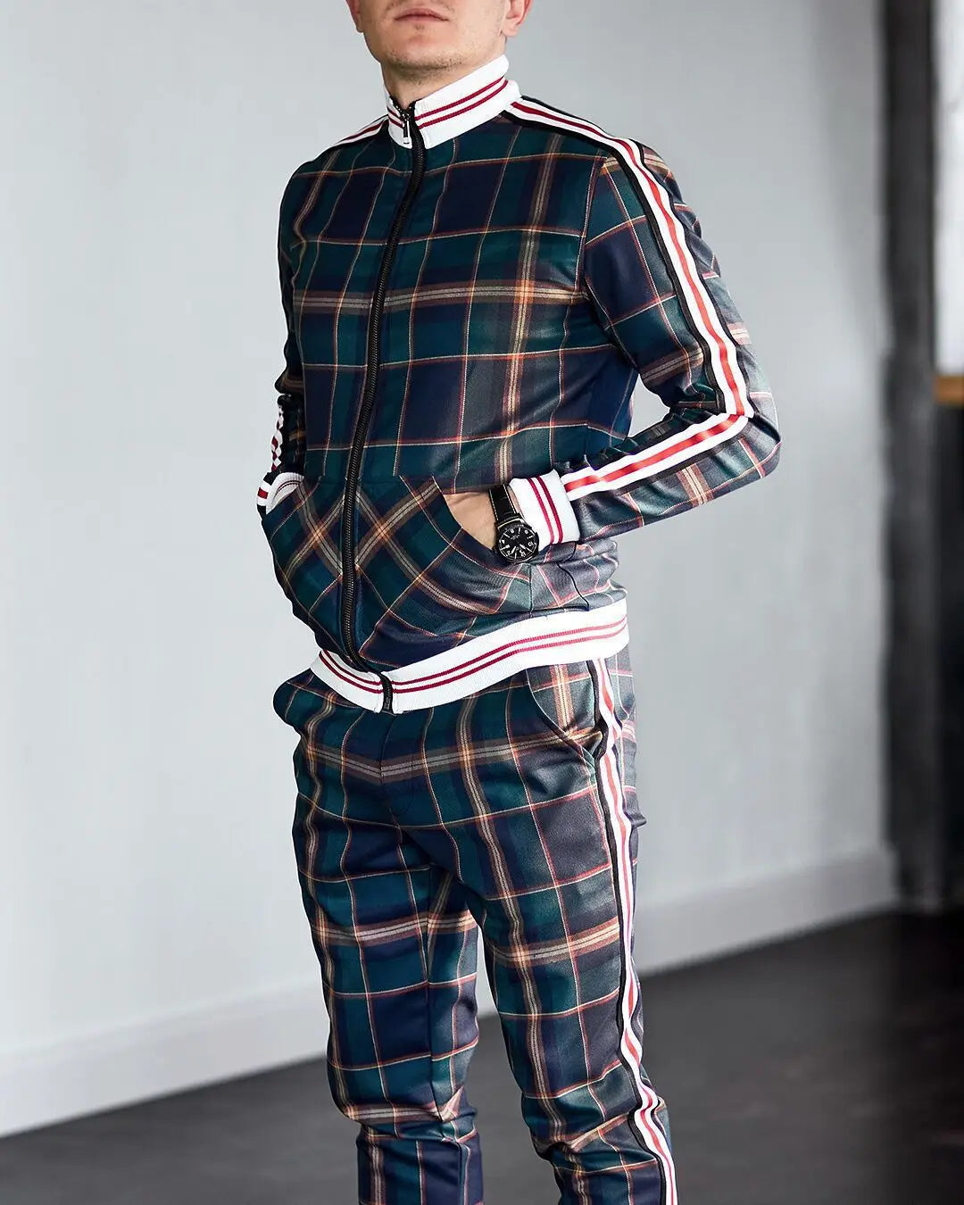 Mens Tracksuits Colorful Plaid Casual Zipper Hoodie Set 3D Print Set Autumn Male
