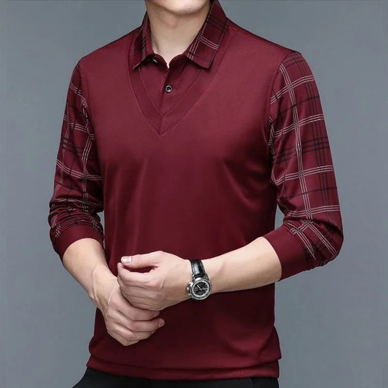 Spring Long Sleeve Polo Men s T shirt Turn down Collar Loose Solid Plaid Fashion