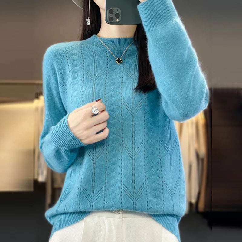 Women Stylish Simple Hollow Soft Cashmere Basic Knitted Sweater Solid O Neck Long Sleeve Loose