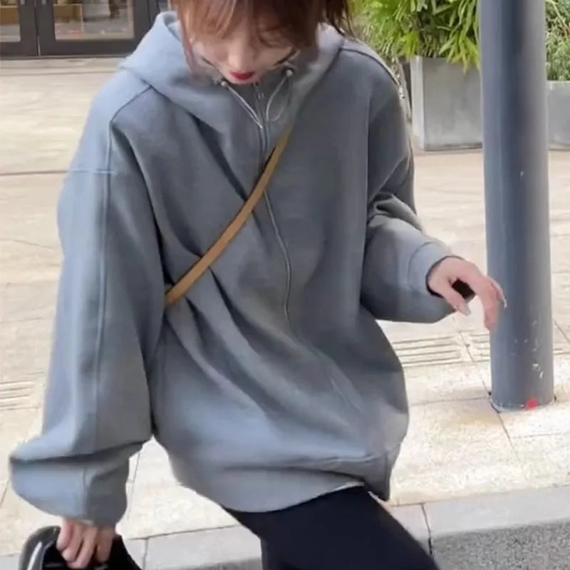 Mode Effen Kleur Trui Gebreid Vest Dames Ritssluiting Lange Mouw Los