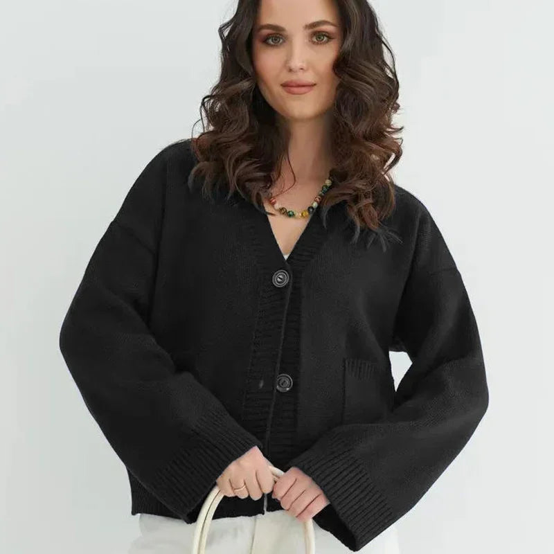 Gele gebreide single-breasted cardigan voor dames, lente/herfst, losse V-hals