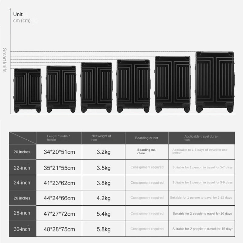 20 24 26 30 Inch Aluminum Trolley Suitcase Waterproof Metallic Cabin Luggage
