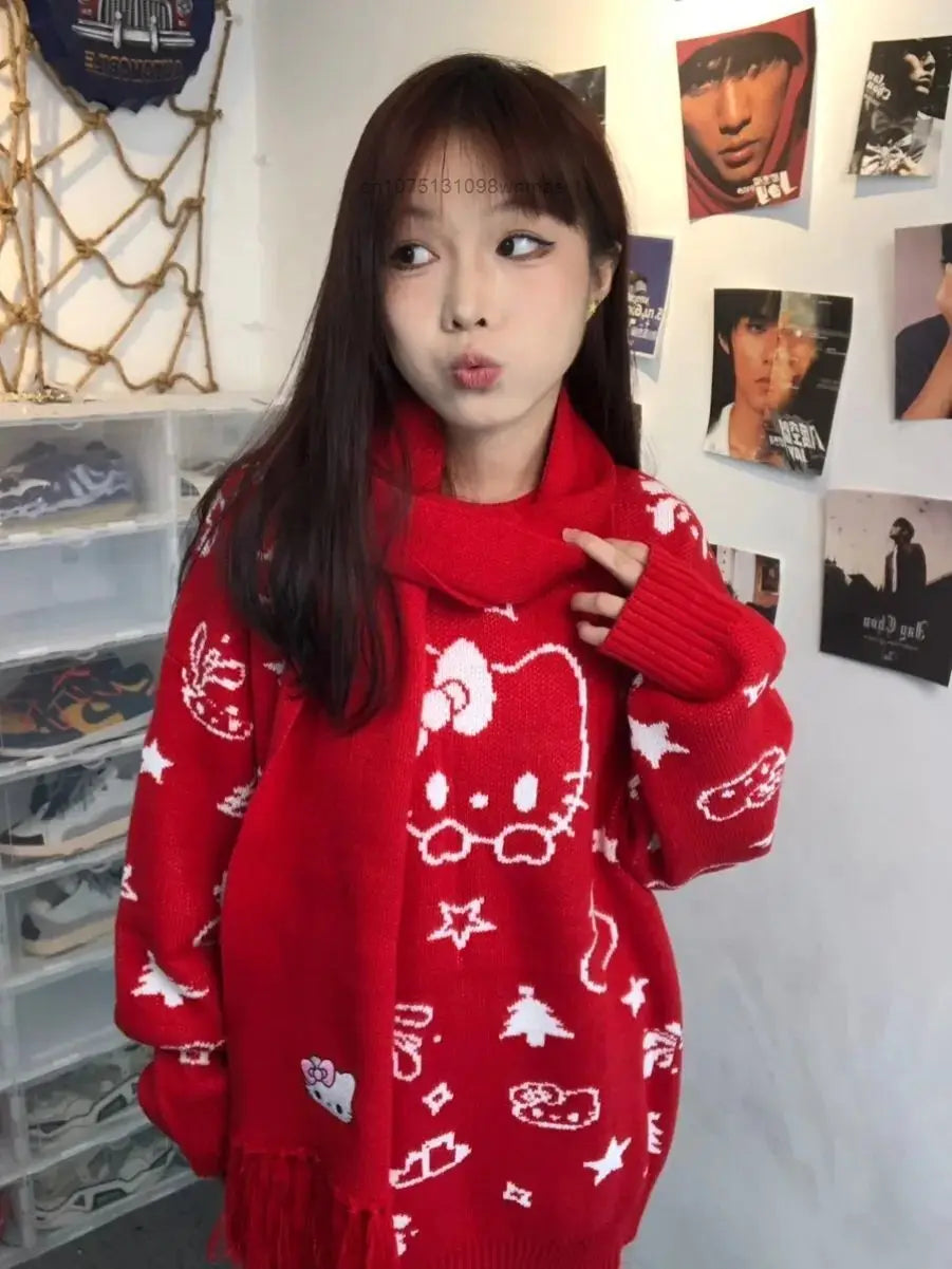 Kerst Hello Kitty schattige gebreide trui met sjaal voor vrouwen Y2k