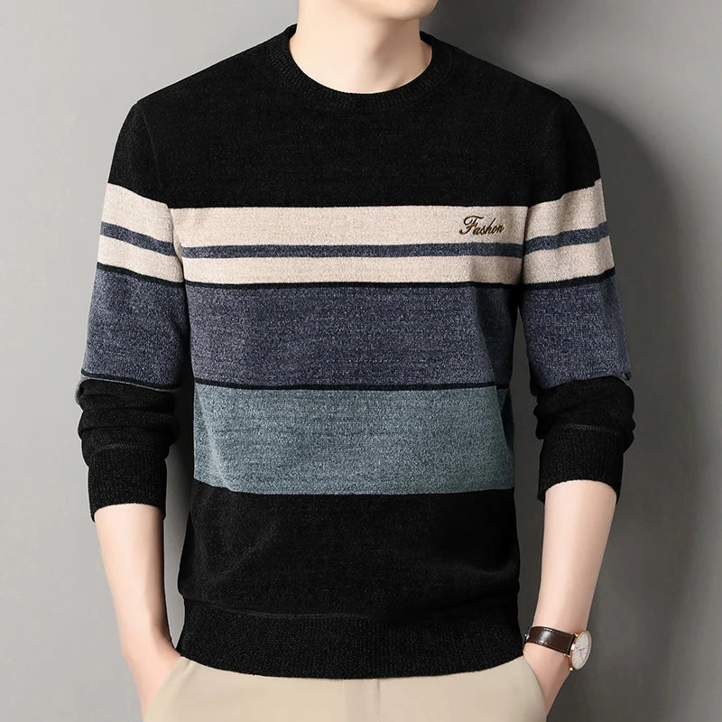 Mens Chenille Sweaters Fashion Knitting Pullover Striped Men s Autumn Winter Top Clothes Round