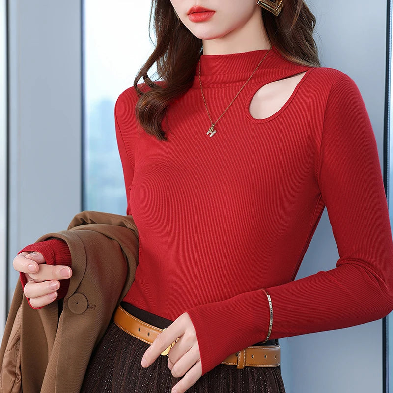Dames Herfst Winter Bottoming Shirt Zwart Wit Casual Basic Slim Fluweel Thermisch