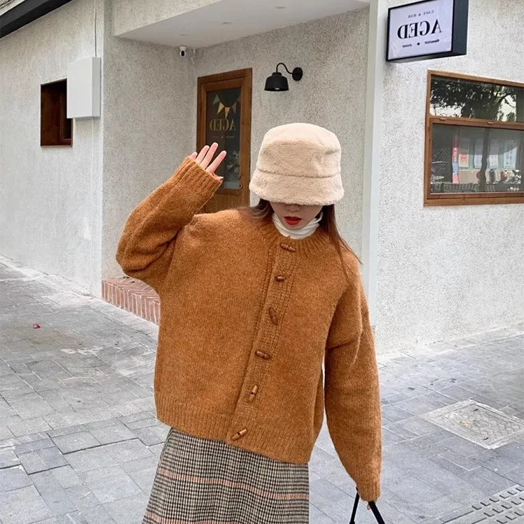 Retro hoornknopen trui herfst winterjas Koreaanse stijl gebreide cardigan buitentop dames s