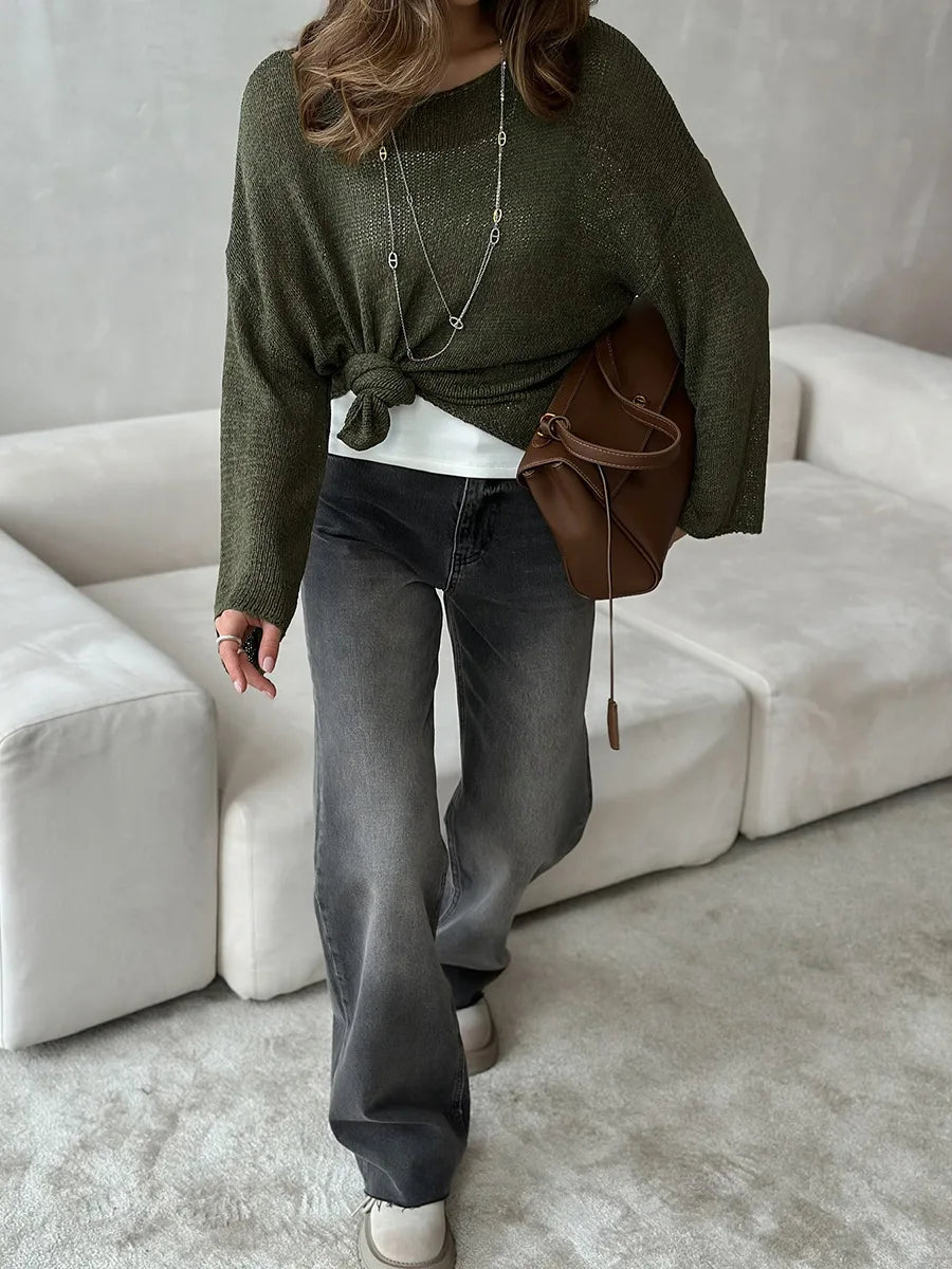 Bornladies Simple Solid Color Long Sleeved Sweater Women s Spring Knitted Hollow