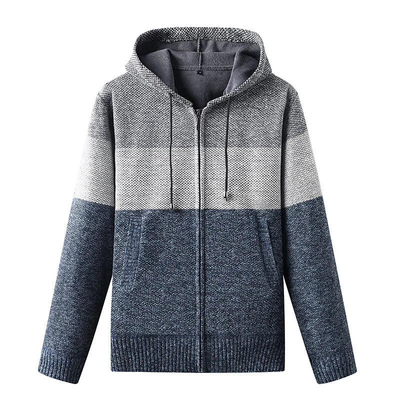 Men s Casual High Neck Long Sleeve Knitted Hoodie Coat Velvet Warmth Autumn Winter Fashion Multi
