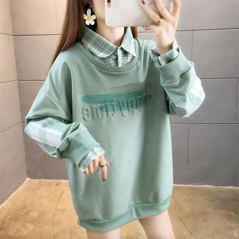 Fake Two Hoodies voor vrouwelijke studenten Koreaans ontwerp Patchwork Dun Lange mouwen Los Veelzijdig