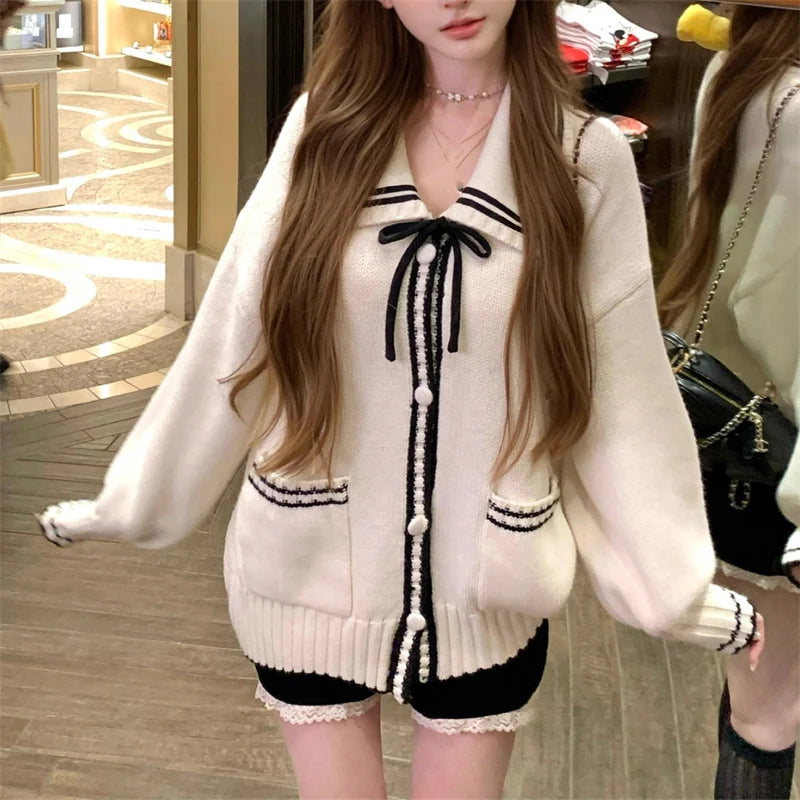 Preppy Style Mix Color Women s Cardigan Korean Lace Up Bowknot Cardigan Woman