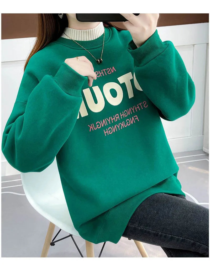 Dames Winter Koreaanse Letter Gedrukt Halfhoge Kraag Dikke Warme Streetwear Sweatshirt Vrouwelijke Casual