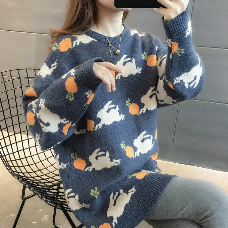 Retro Medium to Long Length Outerwear Fashionable Versatile Women s Sweater Wide Elastic Knitted