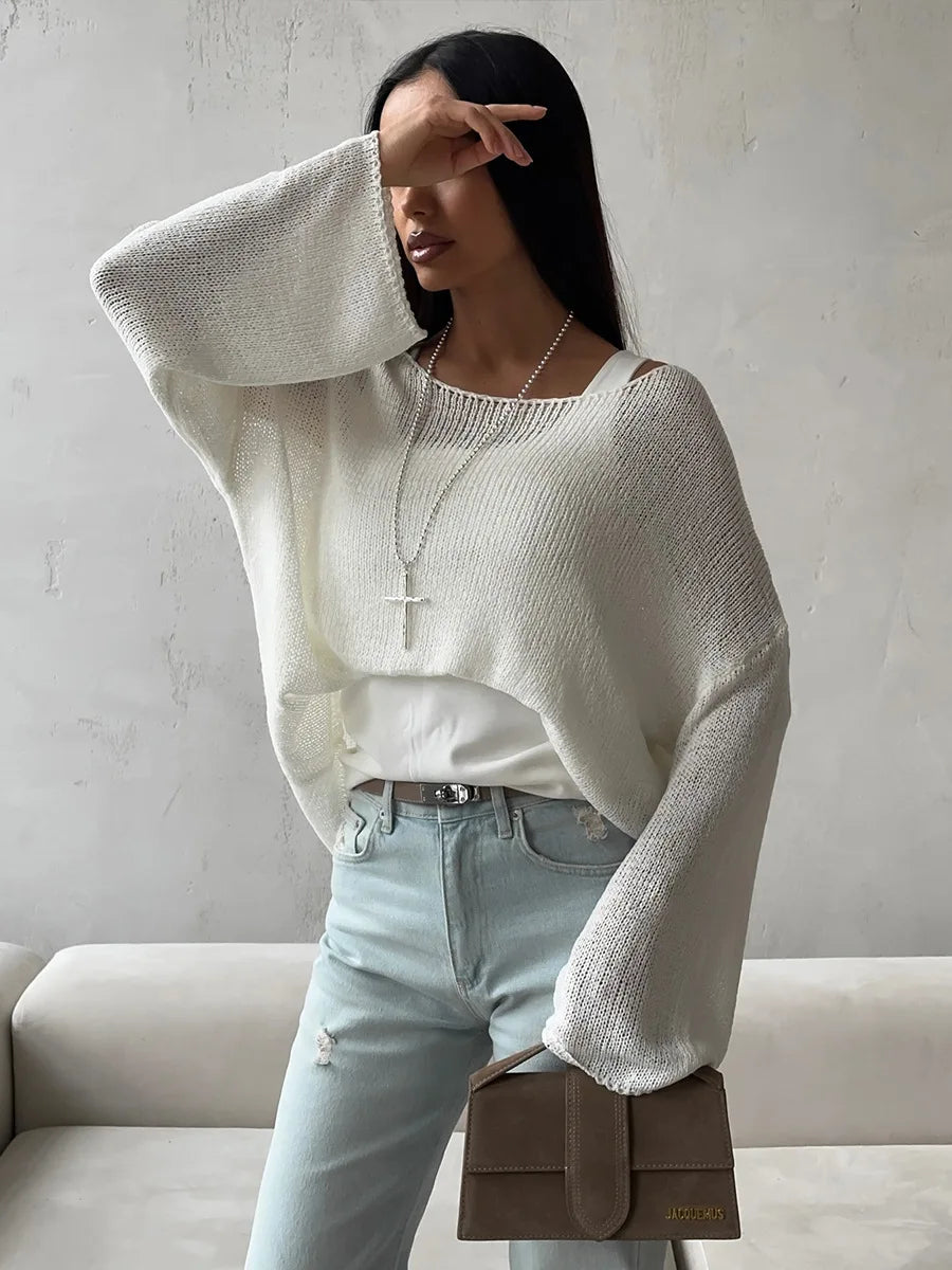 Bornladies Simple Solid Color Long Sleeved Sweater Women s Spring Knitted Hollow
