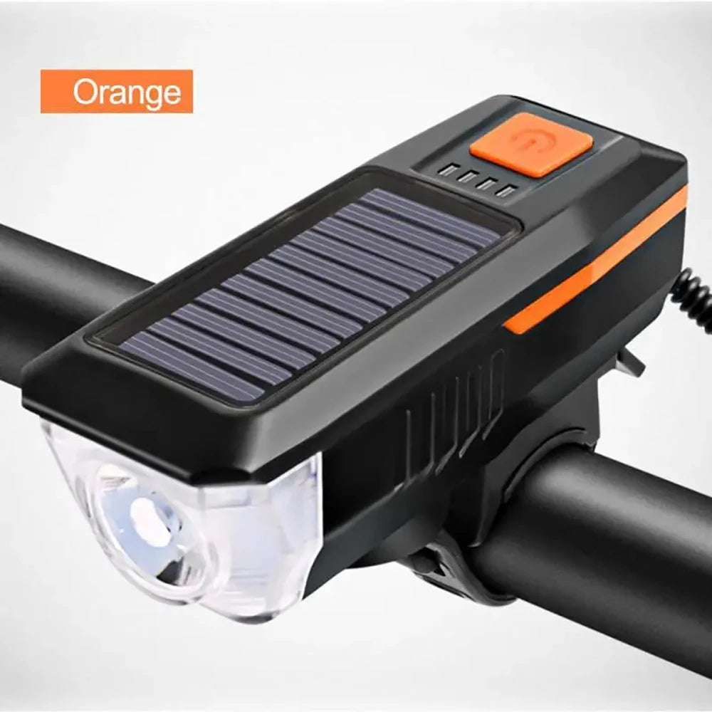 3 standen zonne-fiets koplamp met hoorn, USB oplaadbaar, LED berg