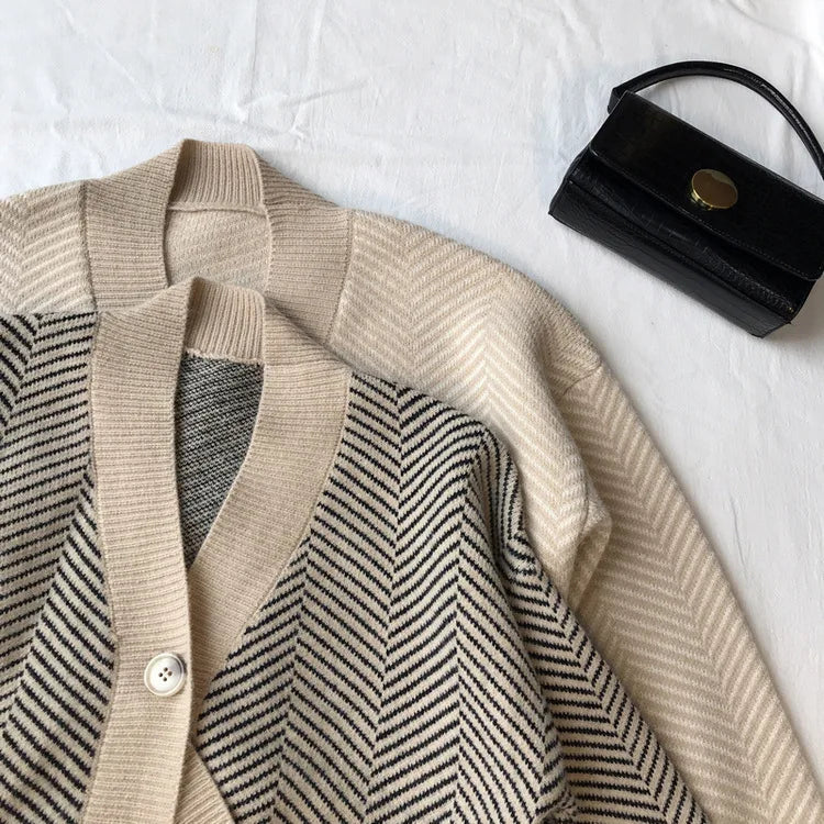 Bornladies Dames Trui Herfst Winter V-hals Gestreept Losvallend Cardigan