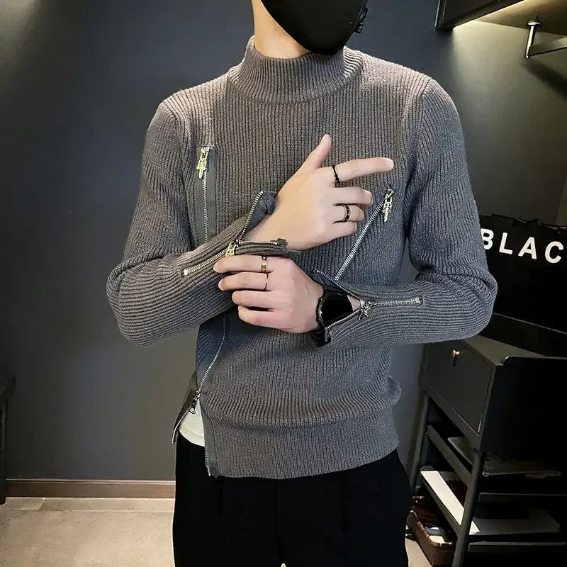 Motorcycle Men s Clothing Turtleneck Pullovers Zipper Knit Sweater Male High