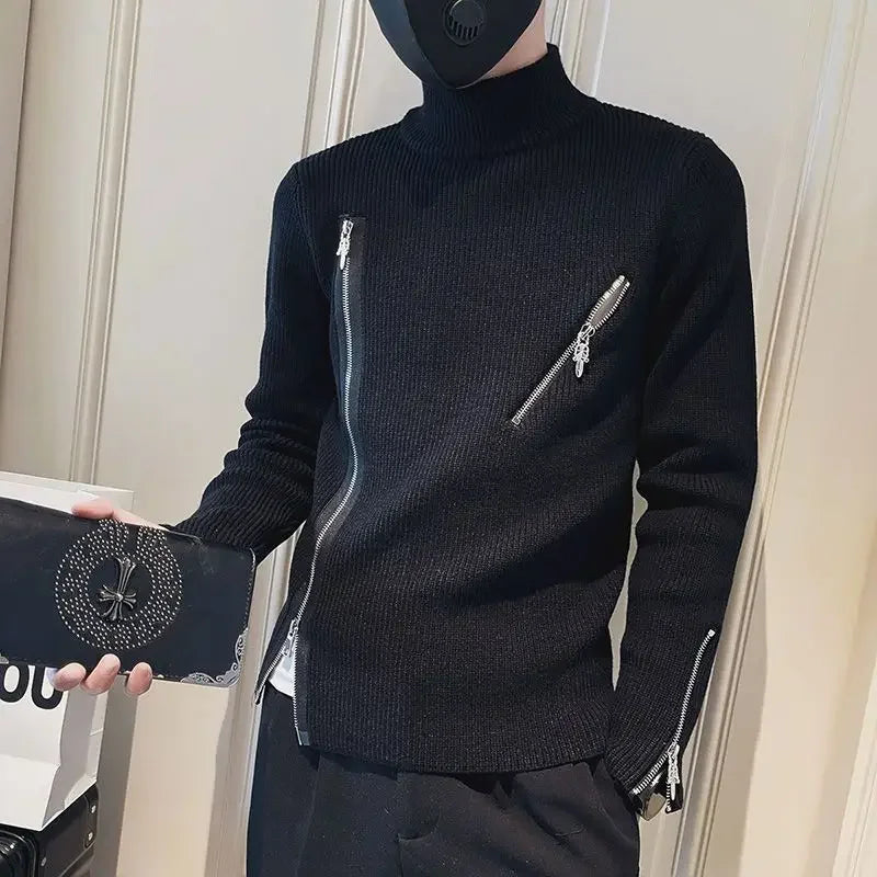 Motorcycle Men s Clothing Turtleneck Pullovers Zipper Knit Sweater Male High