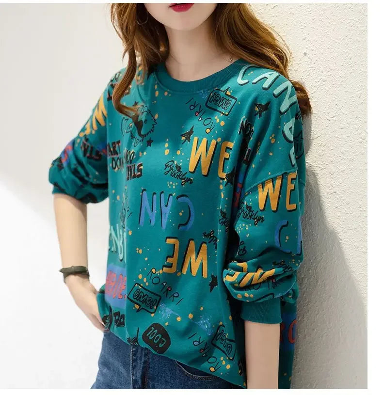 Classic Fashion Printing Letter Sweatshirts Women Long Sleeve Loose O collar Slim Casual All match