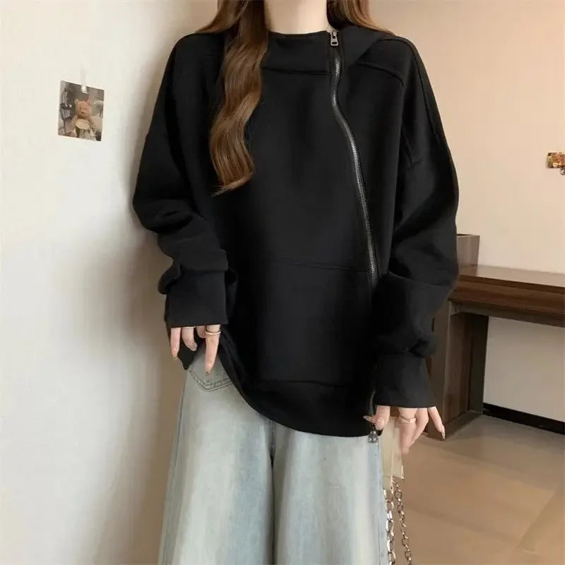 Plus Size Women Belly covering Hooded Diagonal Zipper Long sleeved Sweatshirt for Fat Girls Loose