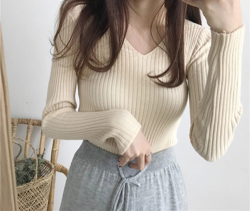 Heliar Dames V-hals Slim Sexy Trui Gebreid Lange Mouw Effen Onderkant Trui