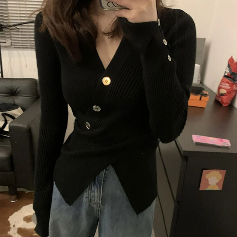 Sexy Slim Fit V-hals Trui Dames Herfst Winter Split Lange Mouw Gebreid