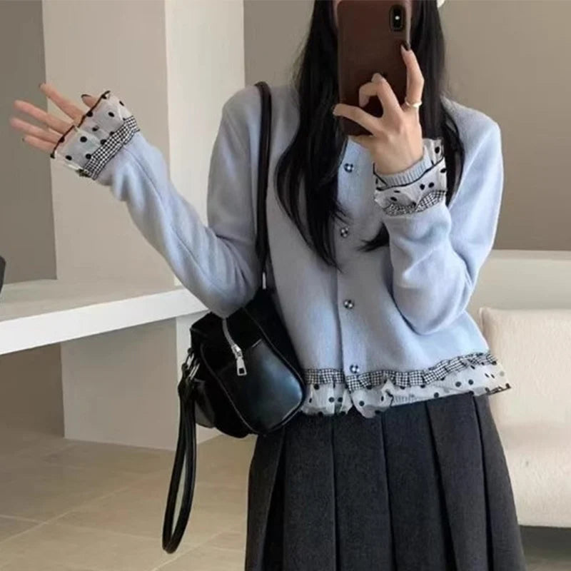 Koreaanse patchwork gebreide cardigan dames polka dot lange mouwen trui jassen