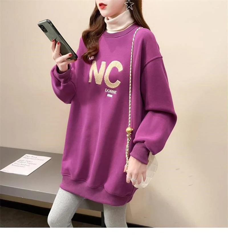 Autumn Winter High Collar Long Sleeve Fleece Thick Oversize Streetwear Female Sweatshirt Fake 2