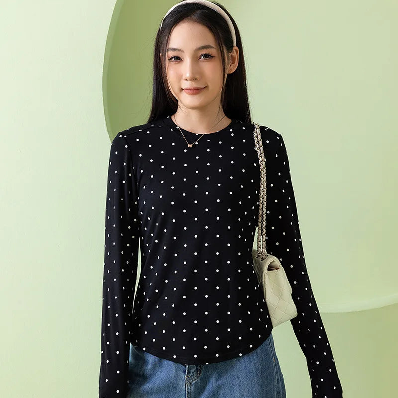 American Vintage Polka Dot Pullovers Women Spring Autumn Slim Fit Long Sleeve