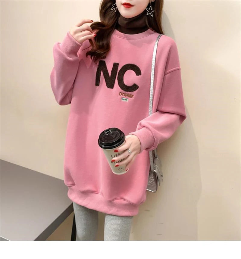 Autumn Winter High Collar Long Sleeve Fleece Thick Oversize Streetwear Female Sweatshirt Fake 2