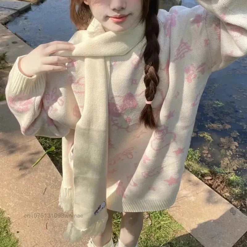 Kerst Hello Kitty schattige gebreide trui met sjaal voor vrouwen Y2k