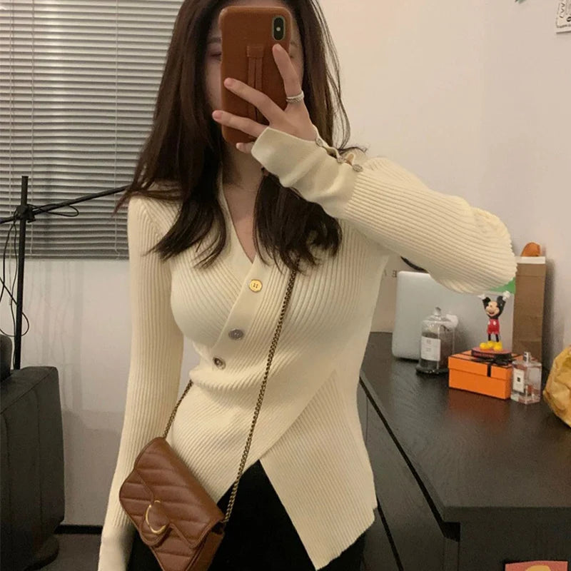 Sexy Slim Fit V-hals Trui Dames Herfst Winter Split Lange Mouw Gebreid